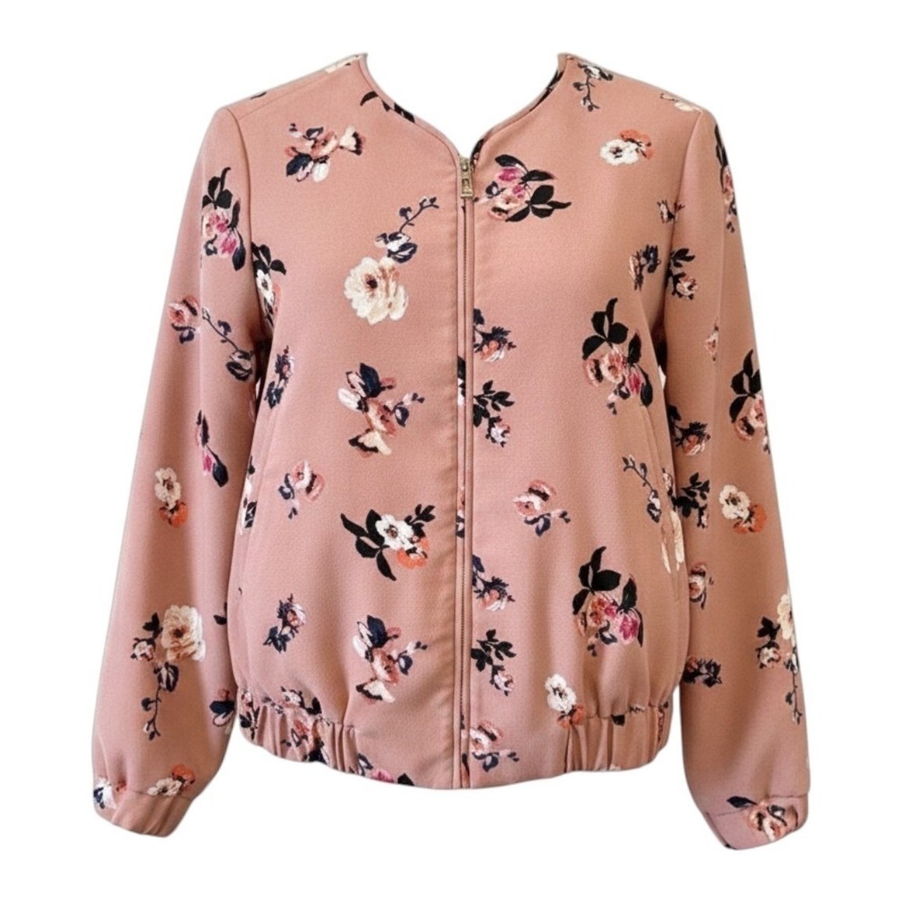 Ivanka Trump Bomber Jacket Women 2 Pink Floral Zip Up Elastic Hem